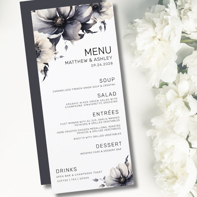 Menu Mariage Floral Élégant Moderne Noir Blanc (Simple Elegant Modern Floral Black White Wedding Menu)