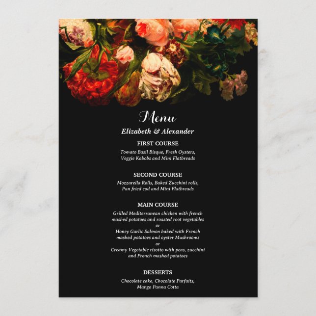 Menu Mariage floral élégant romantique sombre (Devant)