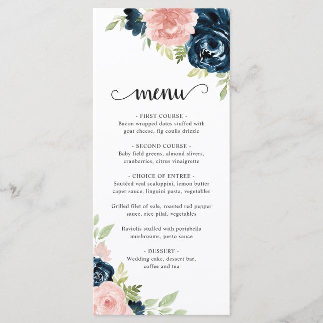 Menu Mariage Floral Élégant Rose Pâle Bleu Marine (Devant)