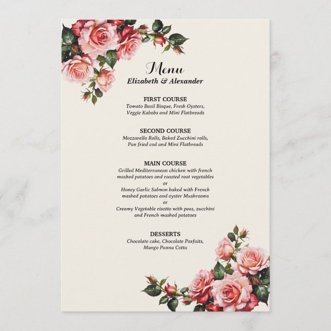 Menu Mariage floral élégant roses roses rouges (Devant)