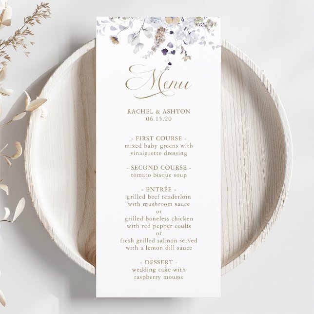 Menu Mariage floral élégant violet blanc or (Créateur téléchargé)