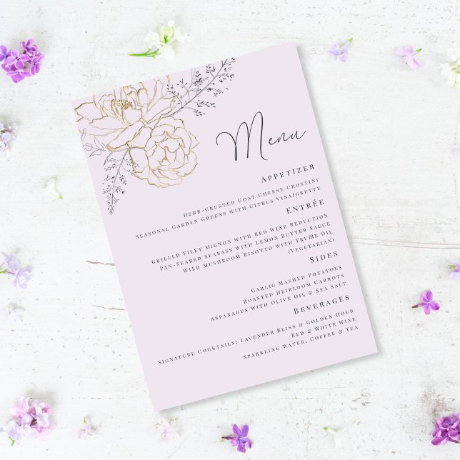 Menu Mariage Floral Élégant Violet Or (Créateur téléchargé)