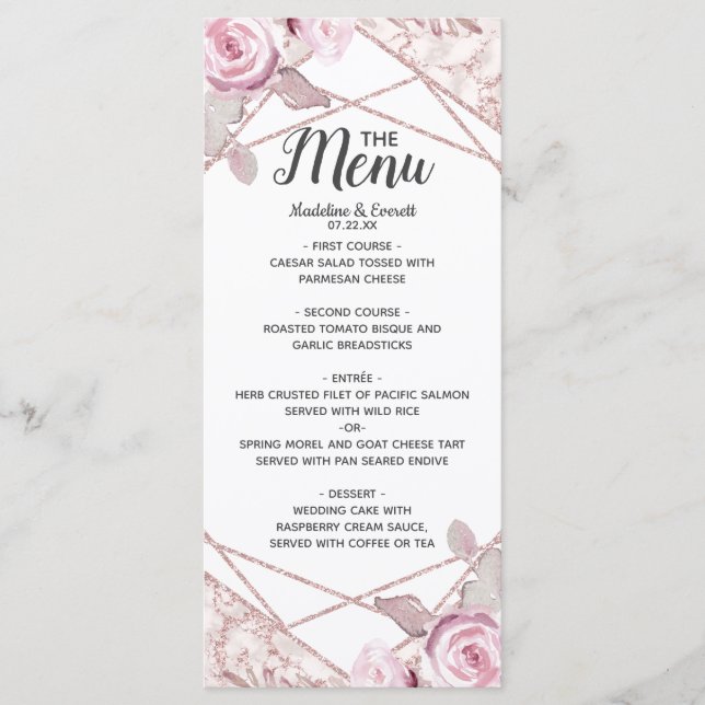 Menu Mariage floral en marbre clair (Devant)