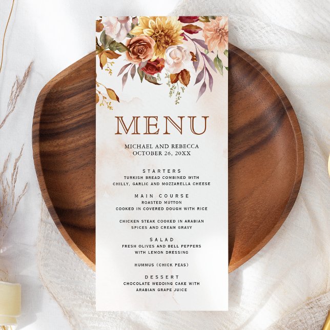 Menu Mariage Floral en Terracotta Bourguignon Rustique (Créateur téléchargé)