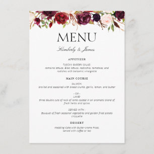 menu mariage floral et bordeaux aquarelle