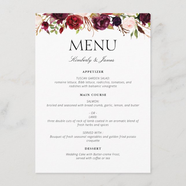 menu mariage floral et bordeaux aquarelle (Devant)