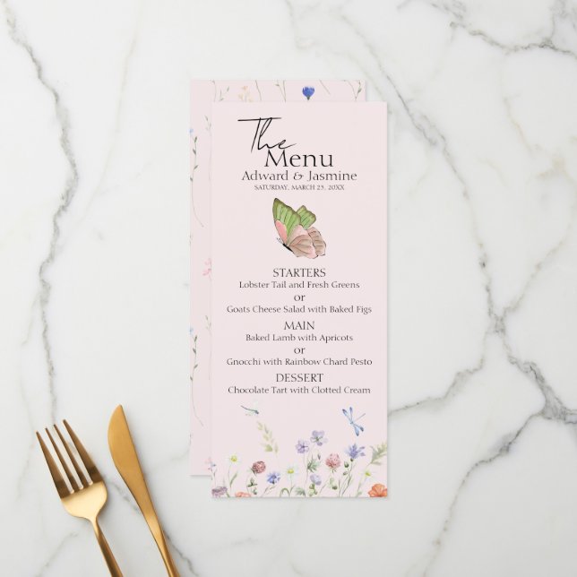Menu Mariage Floral Fleur de Champ Simple Moderne (Devant/Arrière en situation)