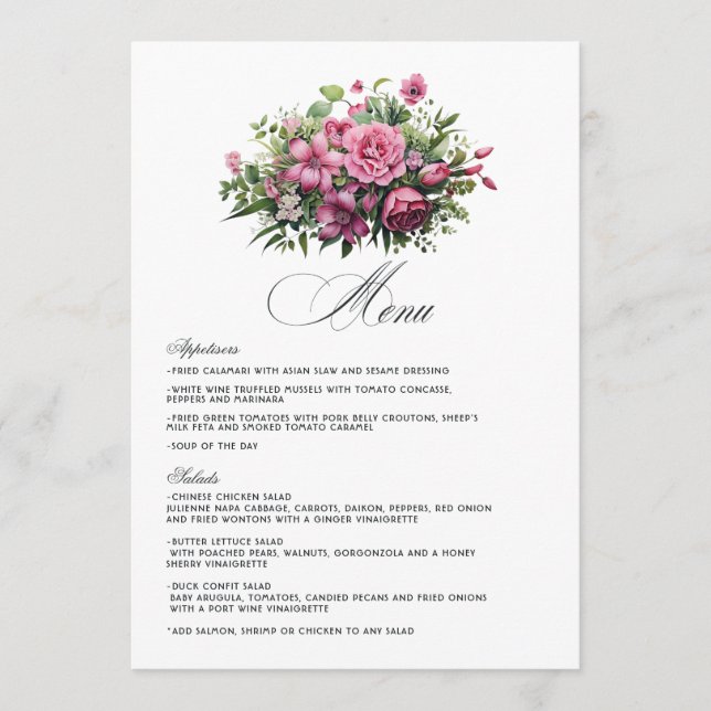 Menu Mariage Floral Fuchsia et Vert Émeraude (Devant)