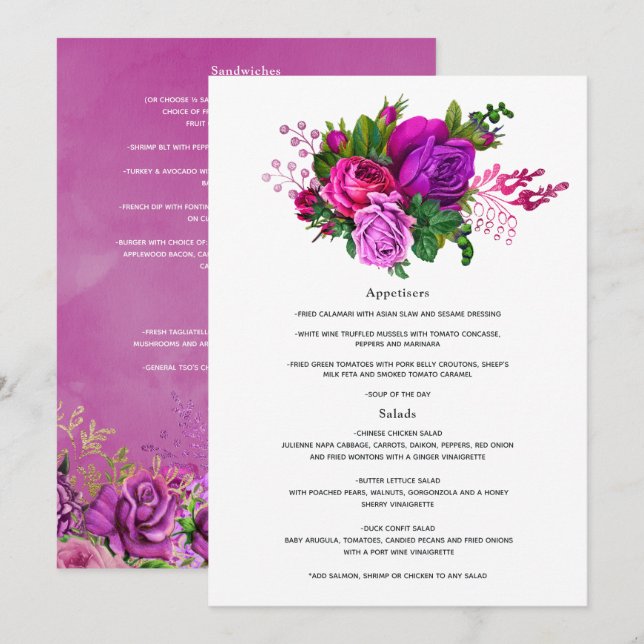Menu Mariage Floral Fuchsia et Violet Vintage (Devant / Derrière)