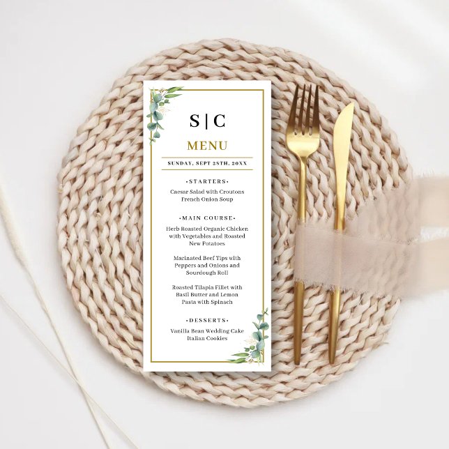 Menu Mariage floral géométrique à la verdure d'eucalypt (Eucalyptus greenery geometric wedding menu adds modern elegance to your reception dining.)