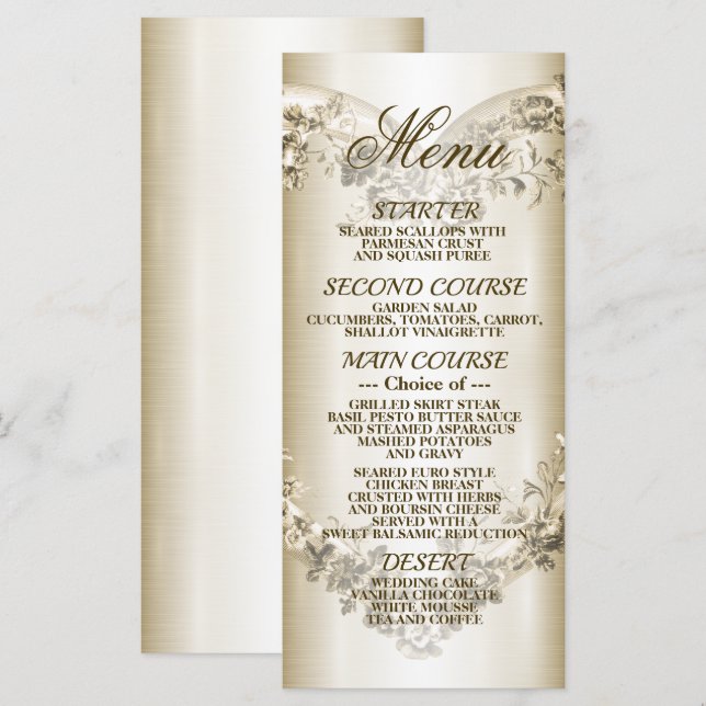 Menu Mariage Floral Golden Ornate Heart Frame Party (Devant / Derrière)