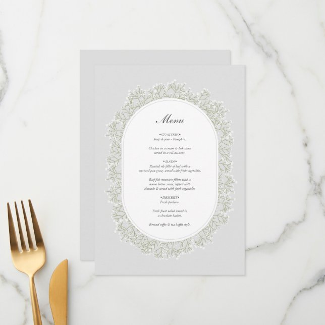 Menu Mariage Floral Gypsophile Monogramme Souffle de Bé (Devant/Arrière en situation)