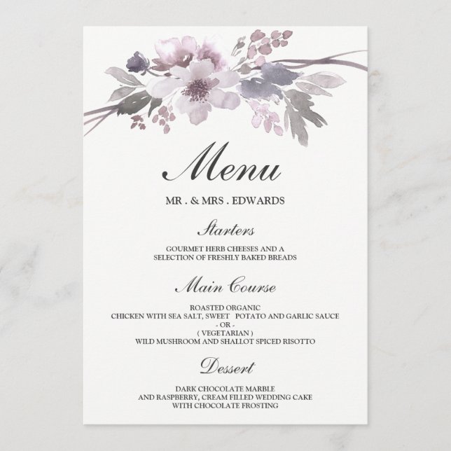 Menu Mariage Floral Hiver Élégant Violet Gris (Devant)