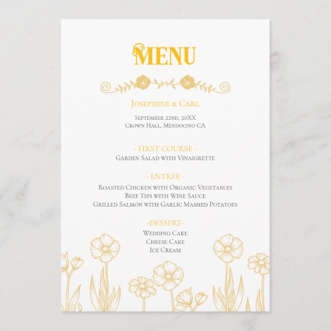 Menu Mariage floral jaune et blanc (Devant)
