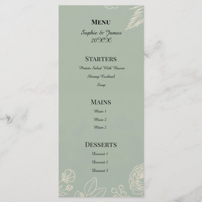 Menu Mariage Floral Line Art Vert Sauge (Devant)