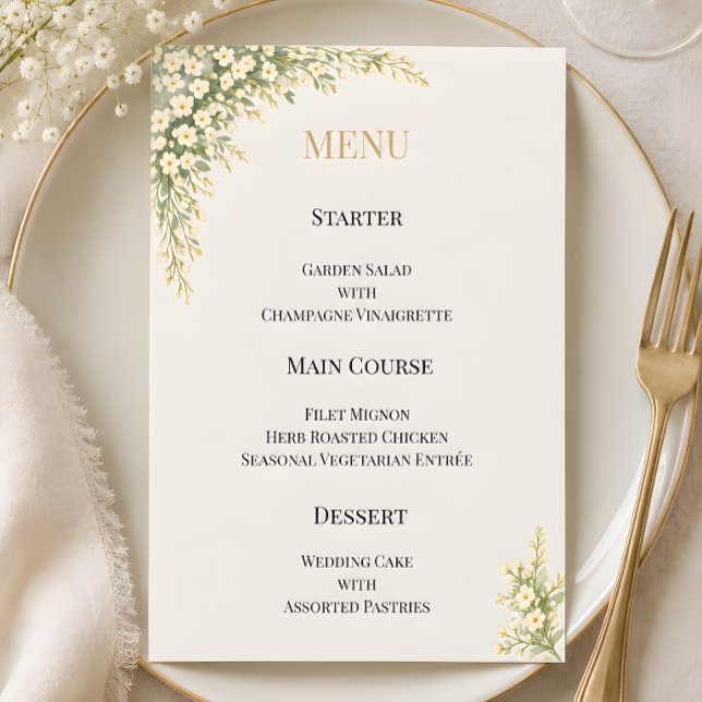 Menu Mariage Floral Luxueux Baby's Breath (Luxury baby's breath wedding themed menu card)