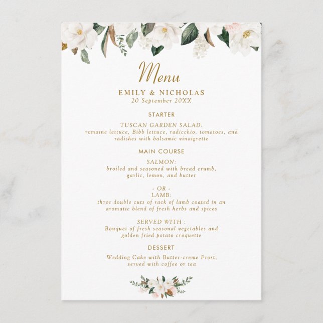 Menu mariage floral magnolia blanc et or (Devant)