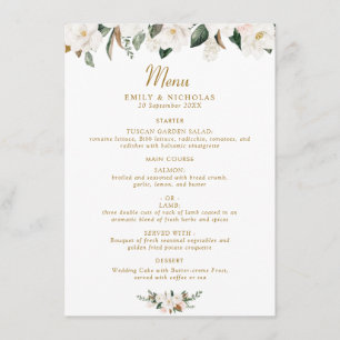 Menu mariage floral magnolia blanc et or