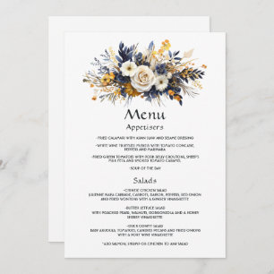 Menu Mariage floral marine, blanc et or