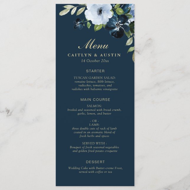 Menu mariage floral marine et or (Devant)