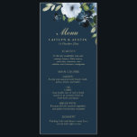 Menu mariage floral marine et or<br><div class="desc">Un décor à thème marine et doré fleuri mariage avec une belle aquarelle marine et fleurs bleu clair. La couleur et le texte peuvent être personnalisés.</div>