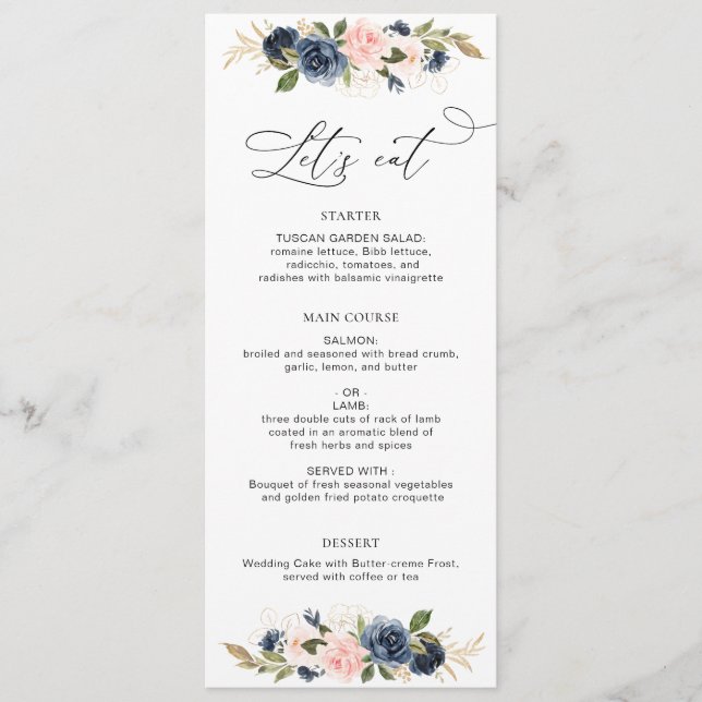Menu mariage floral marine et roux (Devant)