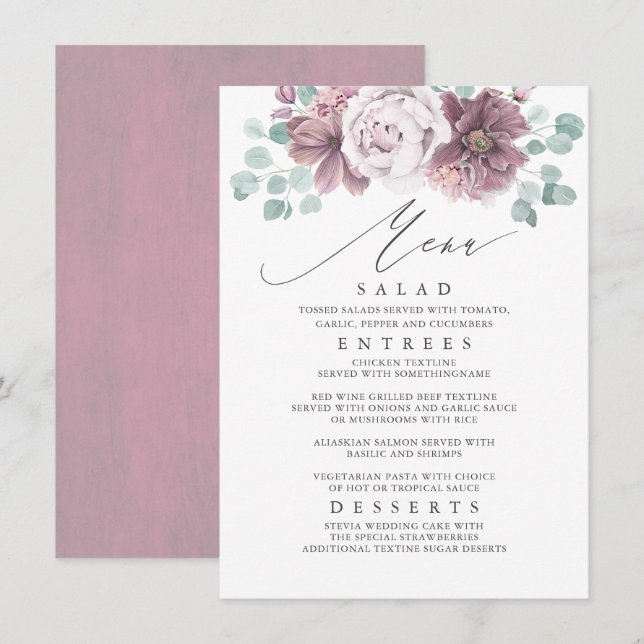 Menu Mariage Floral Mauve (Devant / Derrière)