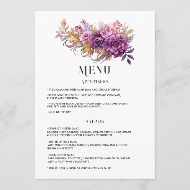 Menu Mariage floral mauve et or (Devant)
