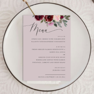Menu Mariage Floral Mauve Pâle. Écriture Romantique Élé