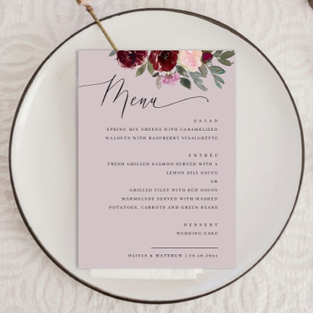Menu Mariage Floral Mauve Pâle. Écriture Romantique Élé (Créateur téléchargé)