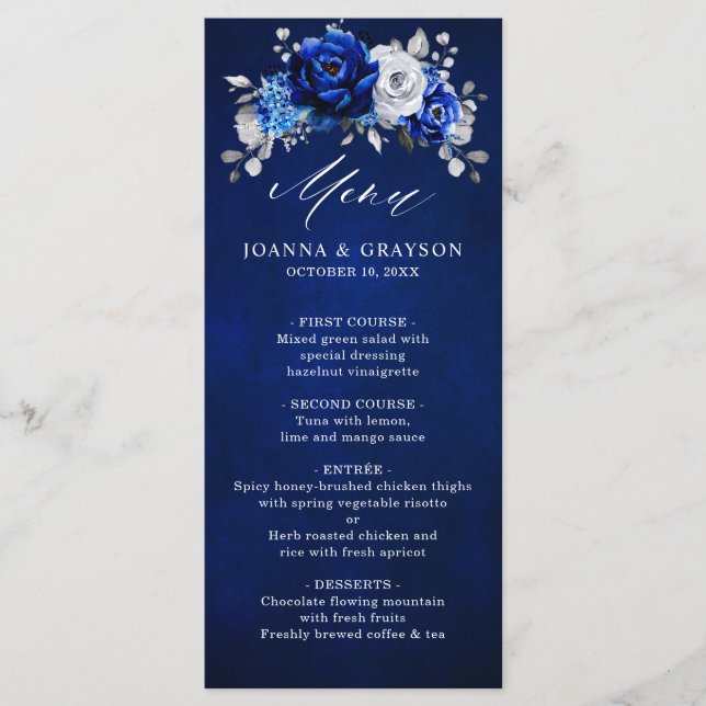 Menu Mariage floral métallisé bleu royal blanc argent (Devant)