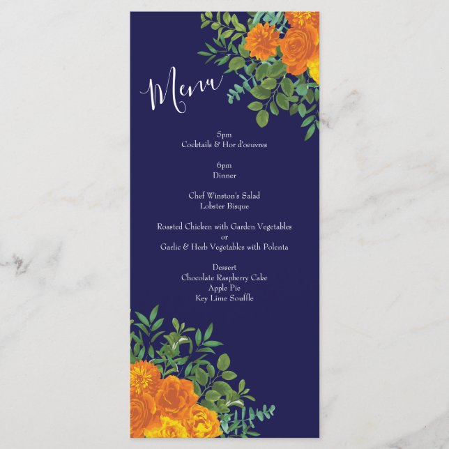 Menu Mariage floral moderne avec rose bleue et orange (Devant)
