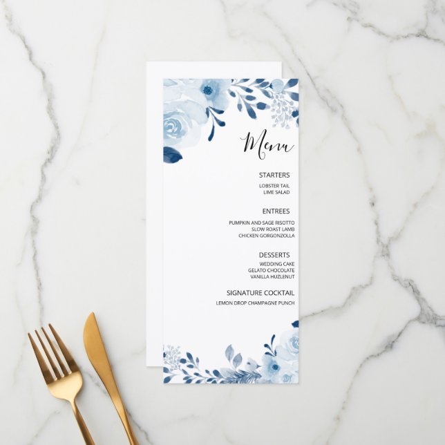 Menu Mariage Floral Moderne Bleu Français (Devant/Arrière en situation)