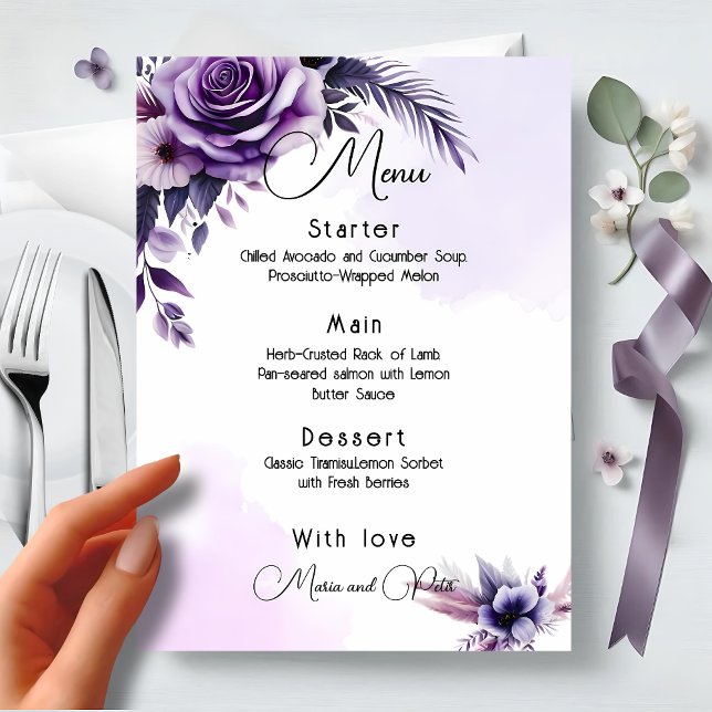 Menu Mariage floral moderne, élégant, violet et argent (Créateur téléchargé)