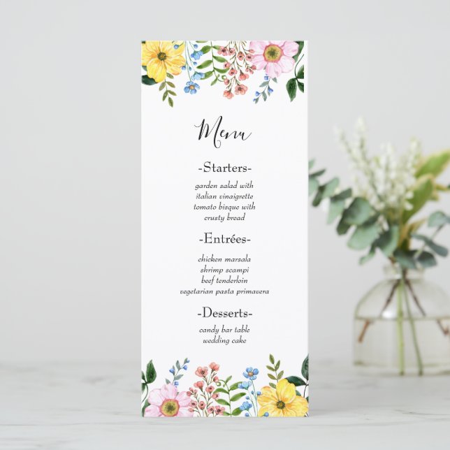 Menu Mariage Floral Moderne Jaune Bleu Rose Printemps (Debout devant)