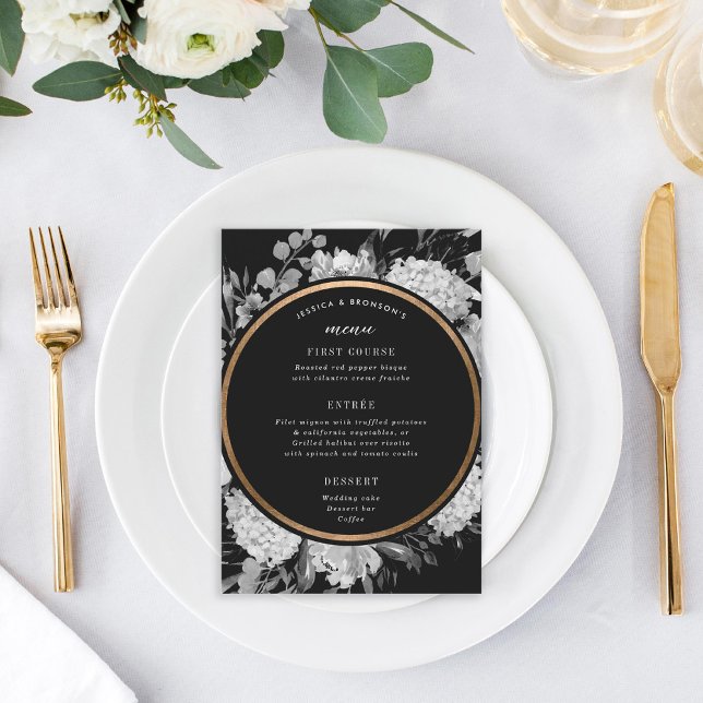 Menu Mariage floral moderne noir et blanc (Créateur téléchargé)