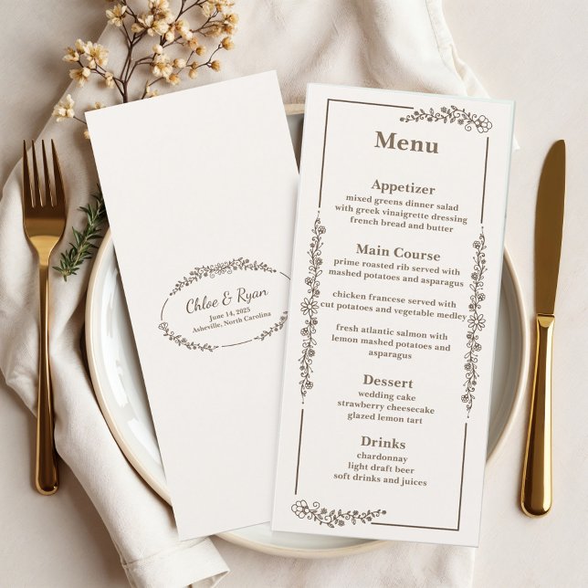 Menu Mariage floral monochrome rustique (Créateur téléchargé)