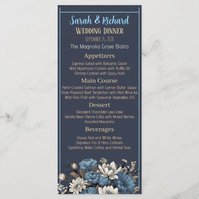 Menu Mariage floral moody Elegant Marine (Devant)