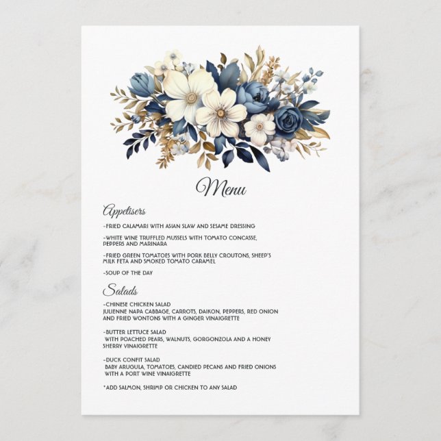 Menu Mariage floral Navy, Blanc et Or (Devant)