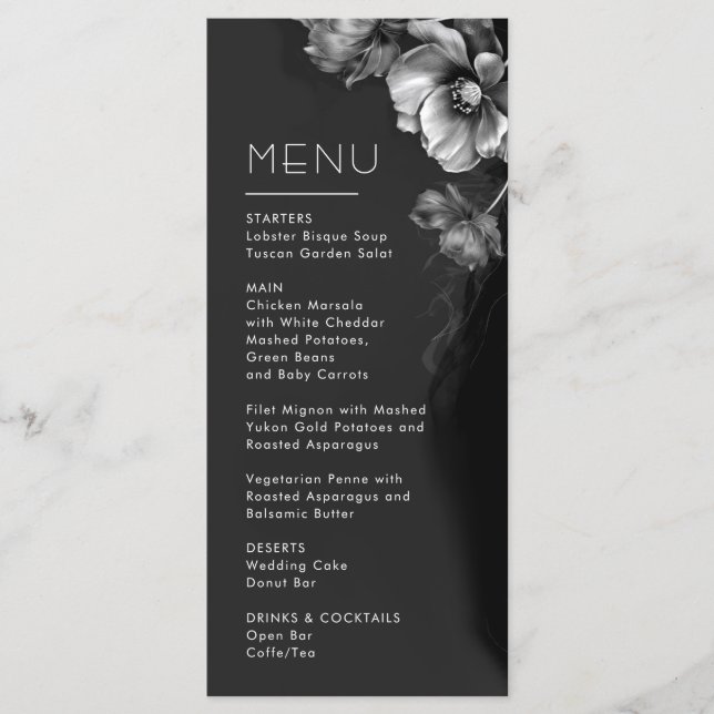 Menu Mariage Floral Noir Argent (Devant)