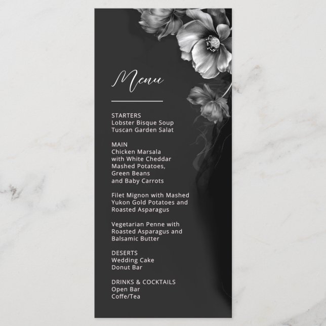 Menu Mariage Floral Noir Argent (Devant)