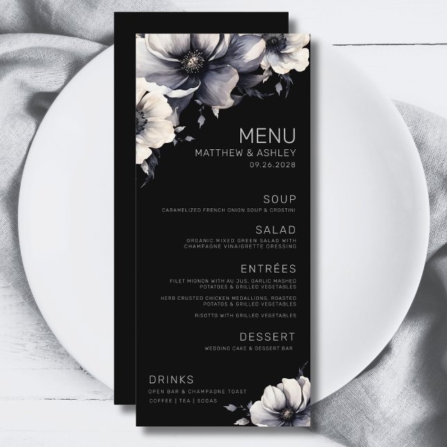 Menu Mariage Floral Noir Élégant Moderne (Simple Elegant Modern Floral Black White Wedding Menu)
