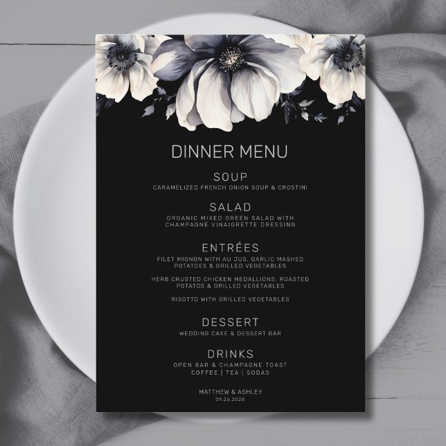 Menu Mariage Floral Noir Élégant Moderne (Modern Elegant Black Floral Wedding Menu)