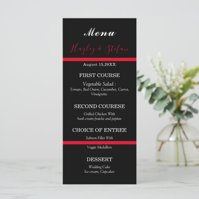 Menu Mariage Floral Noir Et Rouge Moderne (Debout devant)