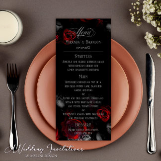 Menu Mariage floral noir et rouge sur mesure