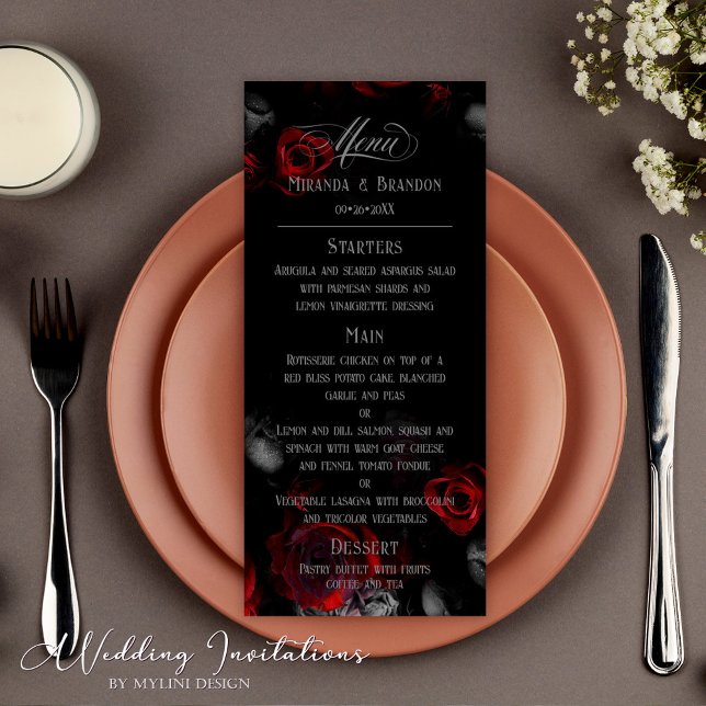 Menu Mariage floral noir et rouge sur mesure (Créateur téléchargé)