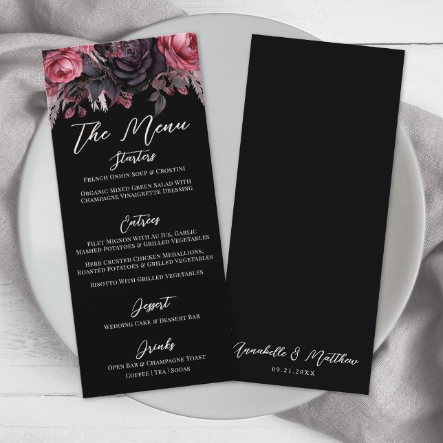 Menu Mariage floral noir gothique (Gothic Black Floral Wedding Menu)