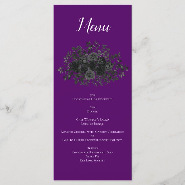 Menu Mariage floral noir violet gothique (Devant)
