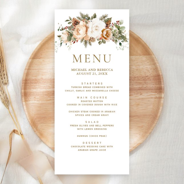 Menu Mariage Floral Or Blanc Ivoire Noël  (Créateur téléchargé)