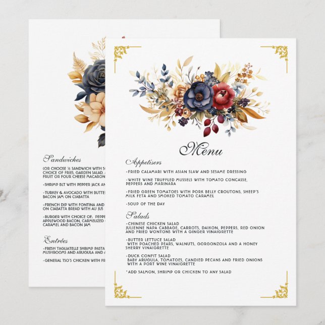 Menu Mariage floral or, bleu marine et bordeaux (Devant / Derrière)